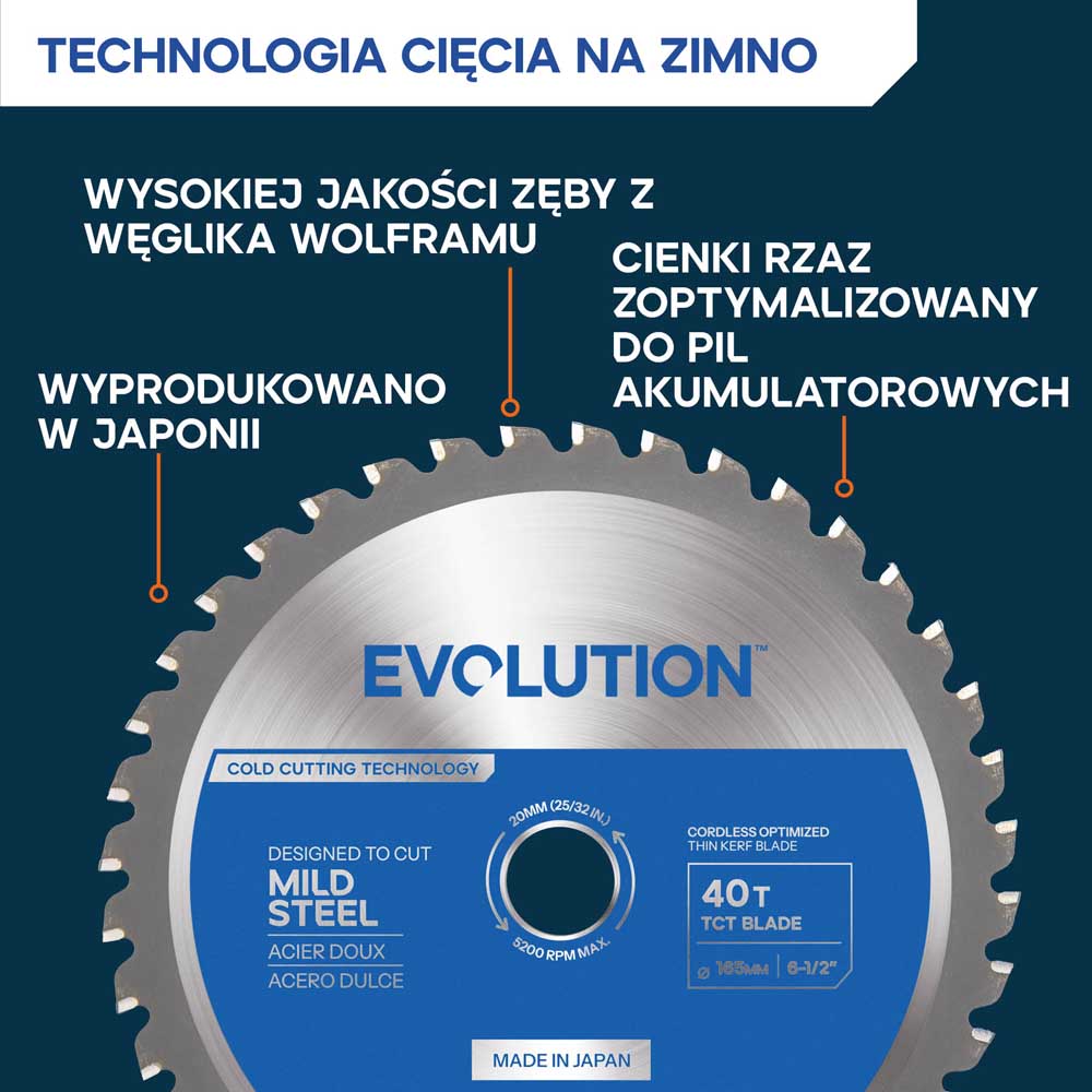 Evolution Tarcza do cięcia stali 165 mm Ø165 x 20 mm, 40-zębowa TCT do pilarek tarczowych