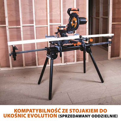 Piła ukośnicaEvolution R255SMS+ 255 mm z wielomateriałową tarczą TCT + stojak