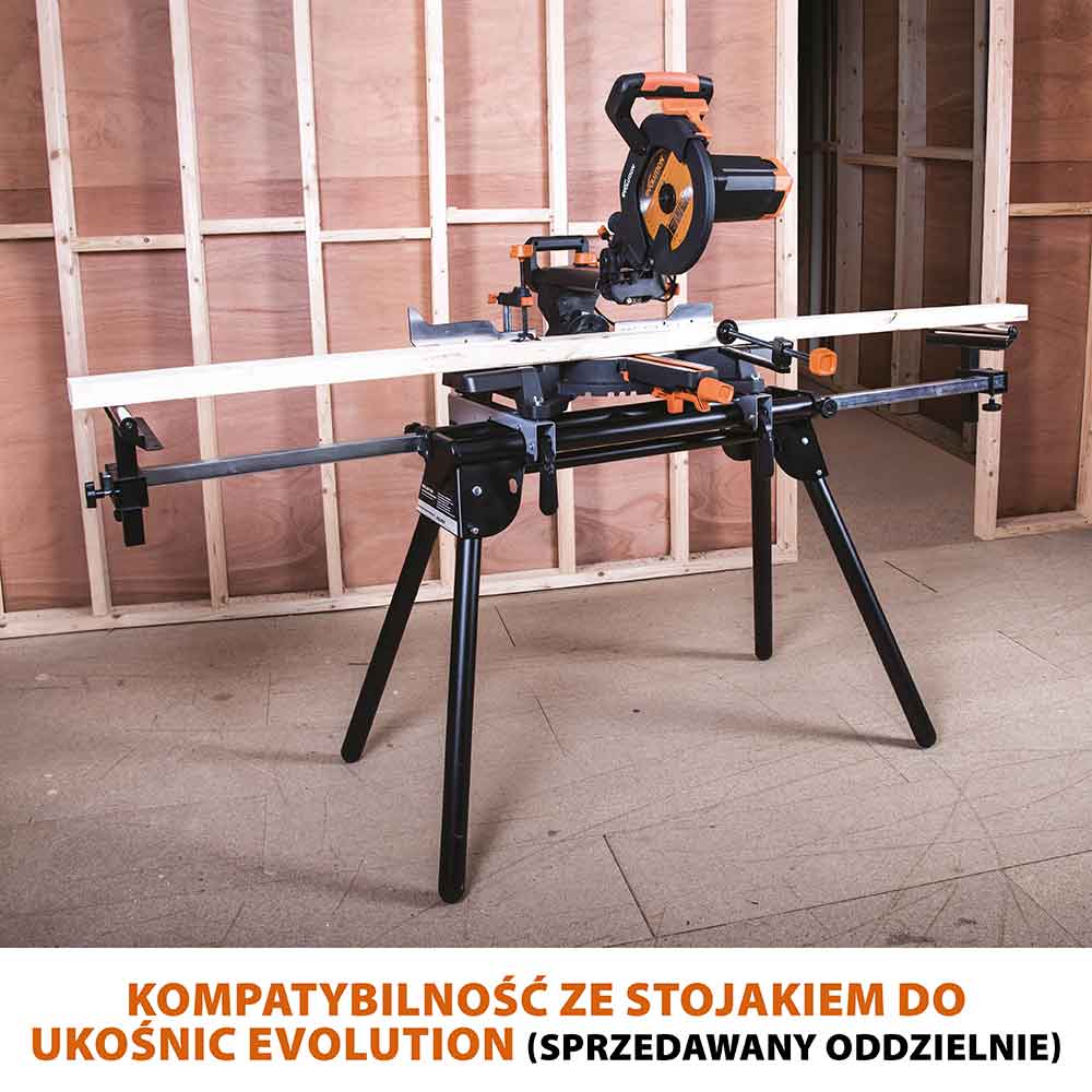 Piła ukośnicaEvolution R255SMS+ 255 mm z wielomateriałową tarczą TCT + stojak