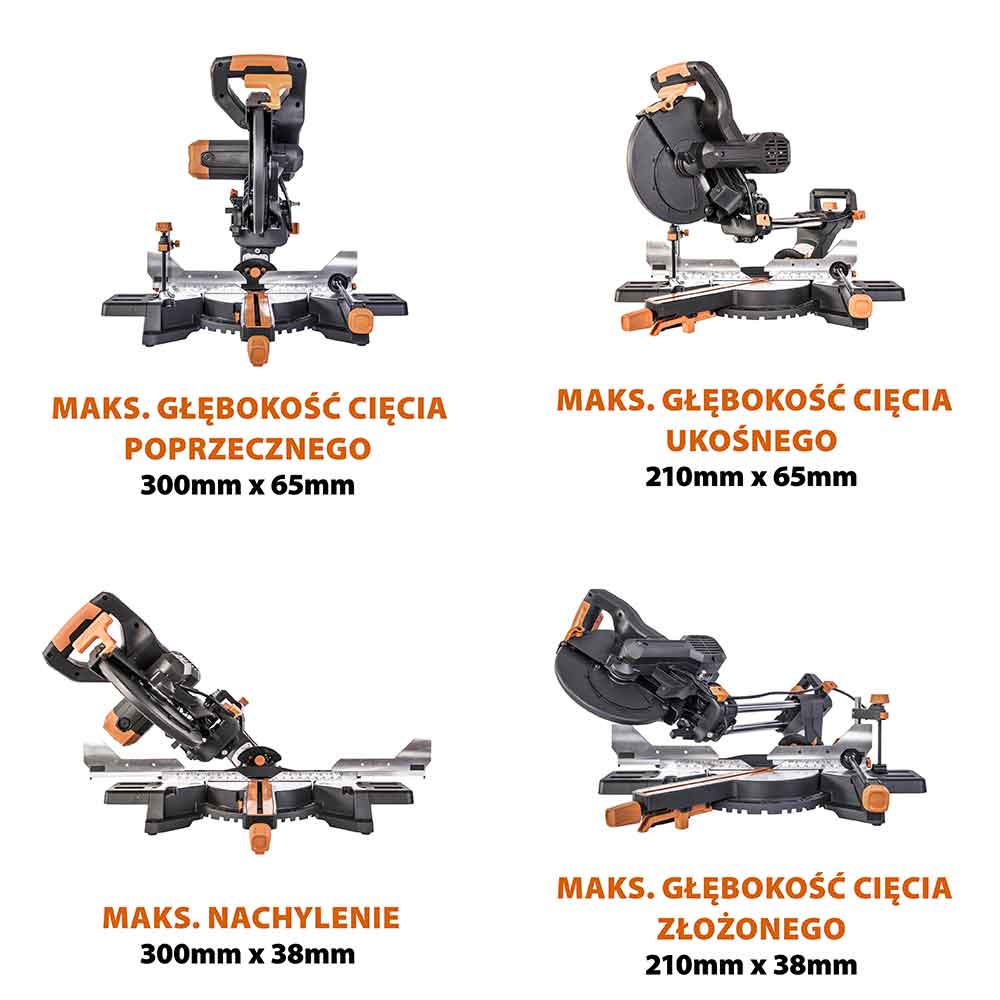 Piła ukośnica Evolution R210SMS-300+ 210mm z wielomateriałową tarczą TCT + stojak