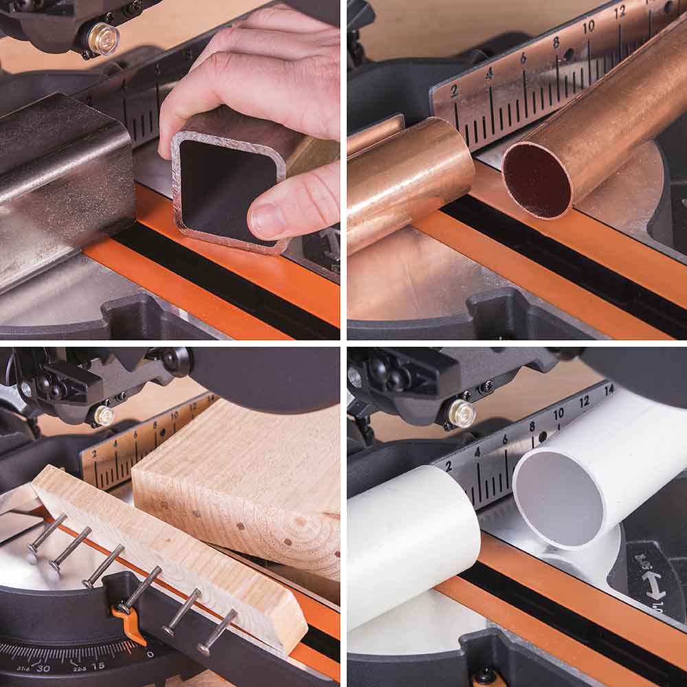 Piła ukośnica Evolution R210SMS-300+ 210mm z wielomateriałową tarczą TCT + stojak