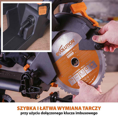 Piła ukośnica Evolution R210SMS-300+ 210 mm z wielomateriałową tarczą TCT