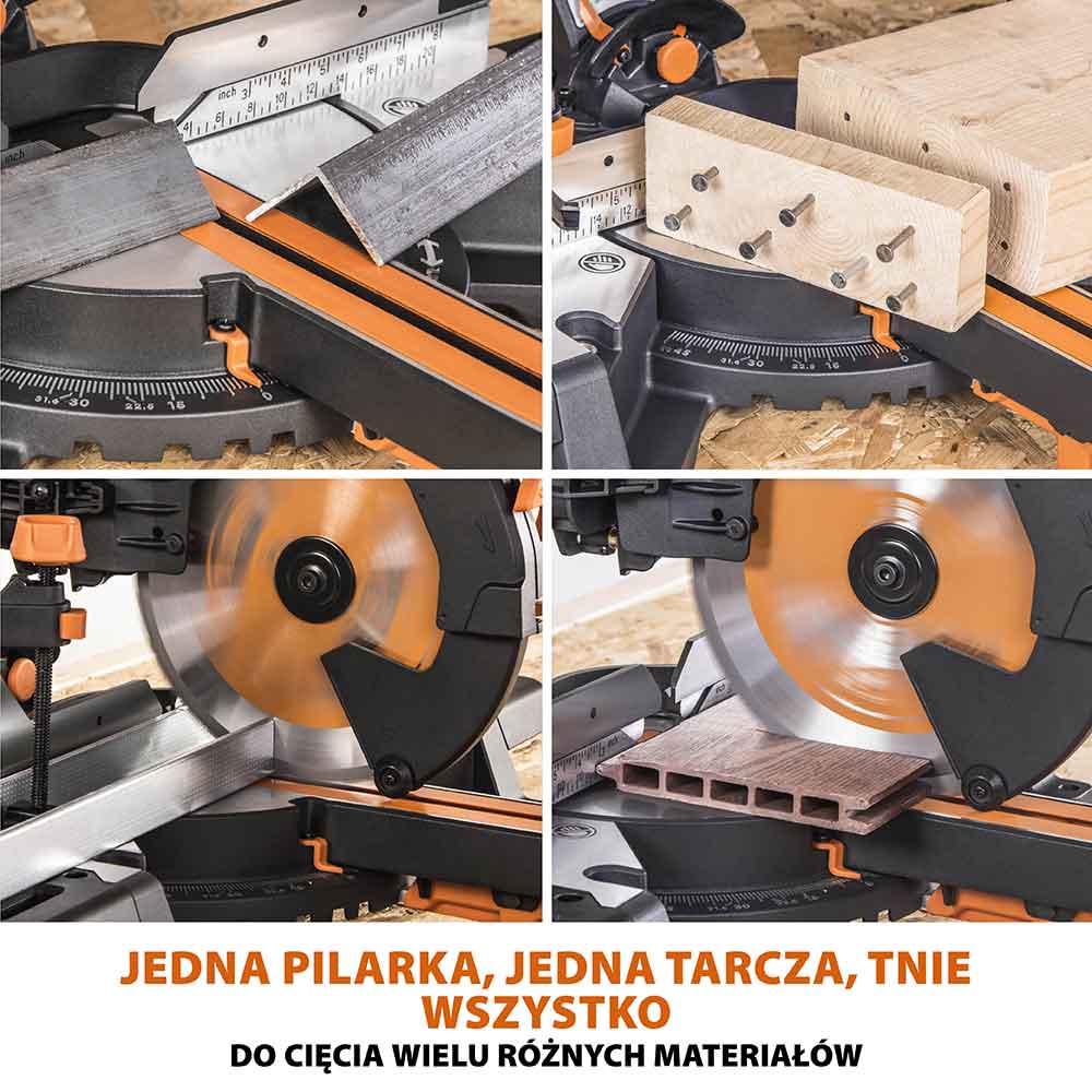 Piła ukośnica Evolution R255SMS-DB+ 255 mm z wielomateriałową tarczą TCT + stojak XL
