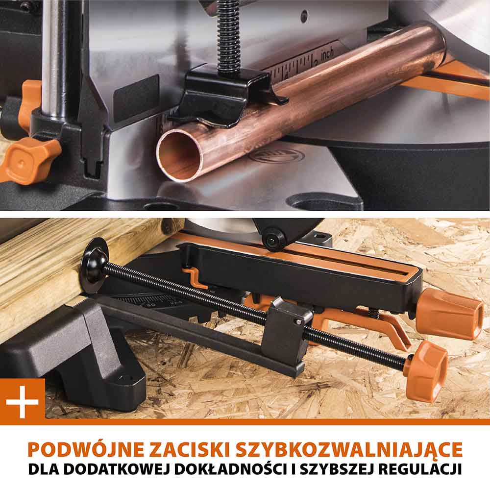 Piła ukośnica Evolution R255SMS-DB+ 255 mm z wielomateriałową tarczą TCT + stojak