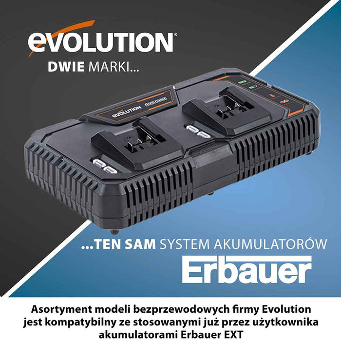 Bezprzewodowa szybka ładowarka z dwiema stacjami dokującymi firmy Evolution z akumulatorem litowo-jonowym 18 V EXT