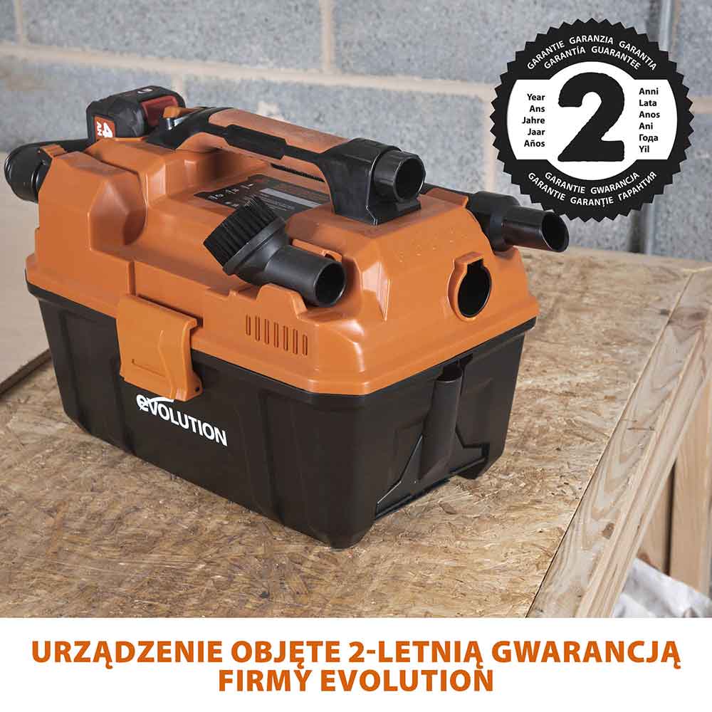 Bezprzewodowy odkurzacz do warsztatu z akumulatorem litowo-jonowym Evolution 18 V EXT Li-Ion R11VAC-Li z funkcją odkurzania na mokro i sucho