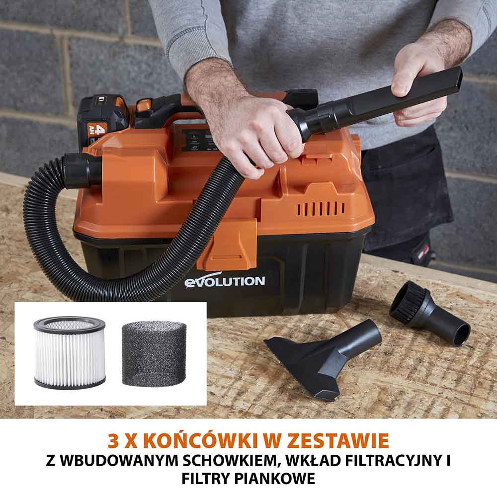 Bezprzewodowy odkurzacz do warsztatu z akumulatorem litowo-jonowym Evolution 18 V EXT Li-Ion R11VAC-Li z funkcją odkurzania na mokro i sucho