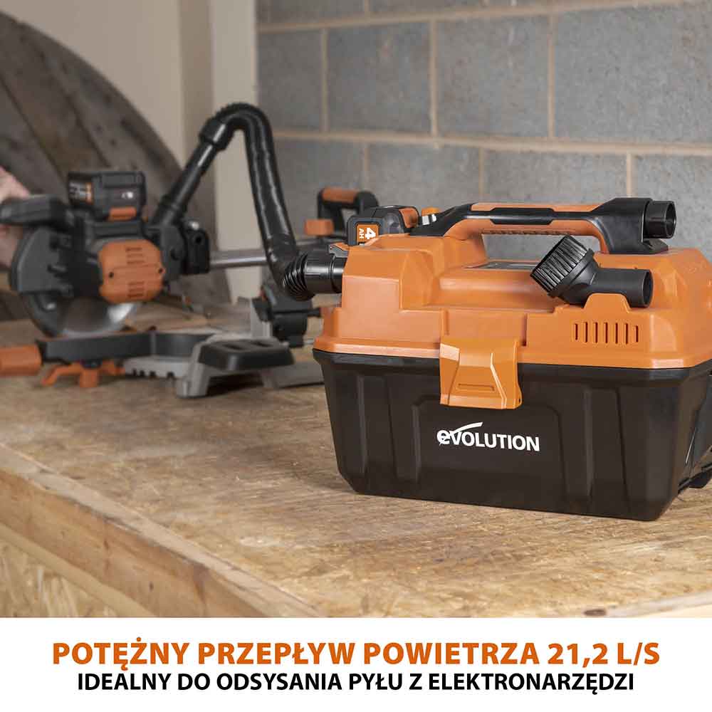Bezprzewodowy odkurzacz do warsztatu z akumulatorem litowo-jonowym Evolution 18 V EXT Li-Ion R11VAC-Li z funkcją odkurzania na mokro i sucho