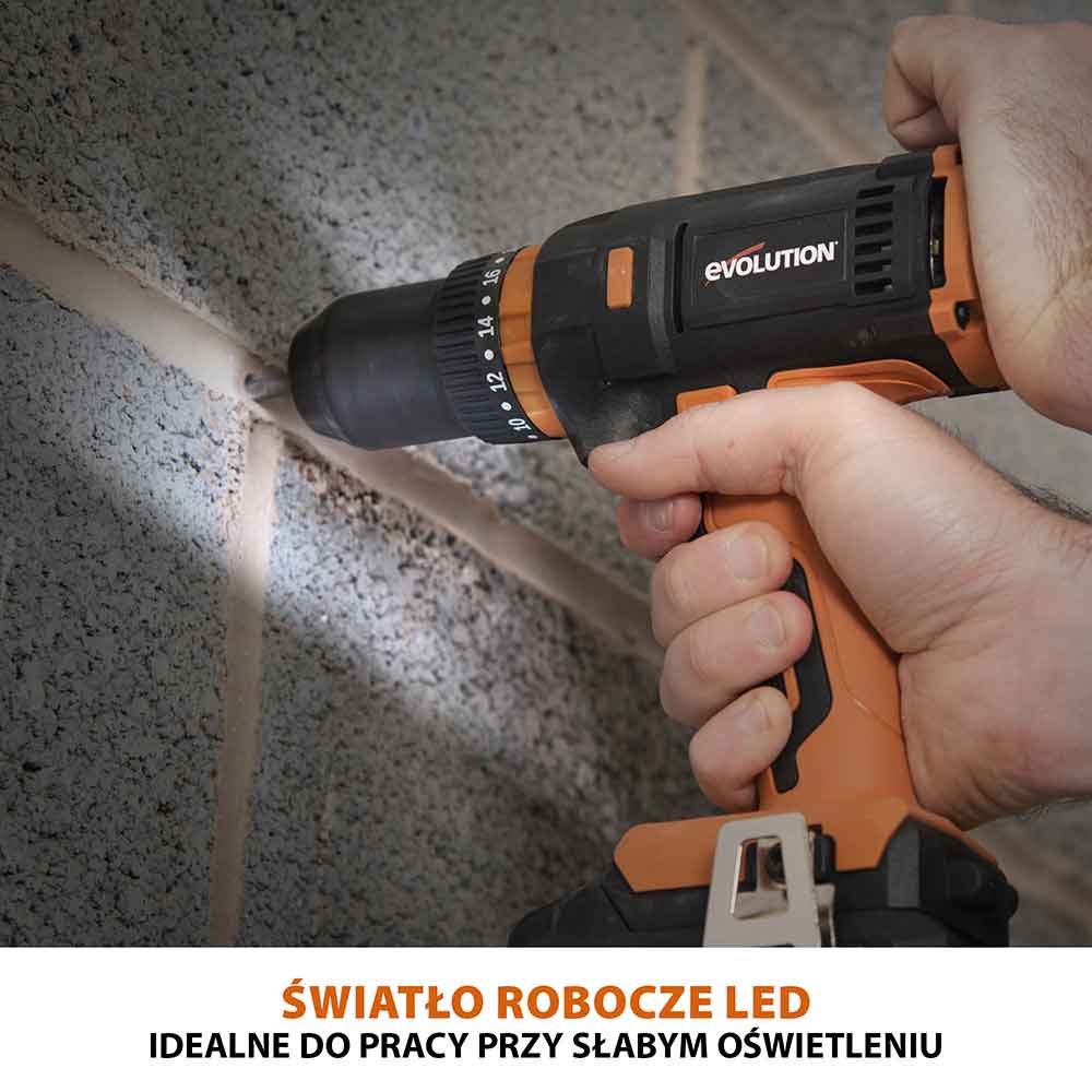 Bezprzewodowa wiertarko-wkrętarka R13CMB-Li firmy Evolution z akumulatorem litowo-jonowym 18 V EXT