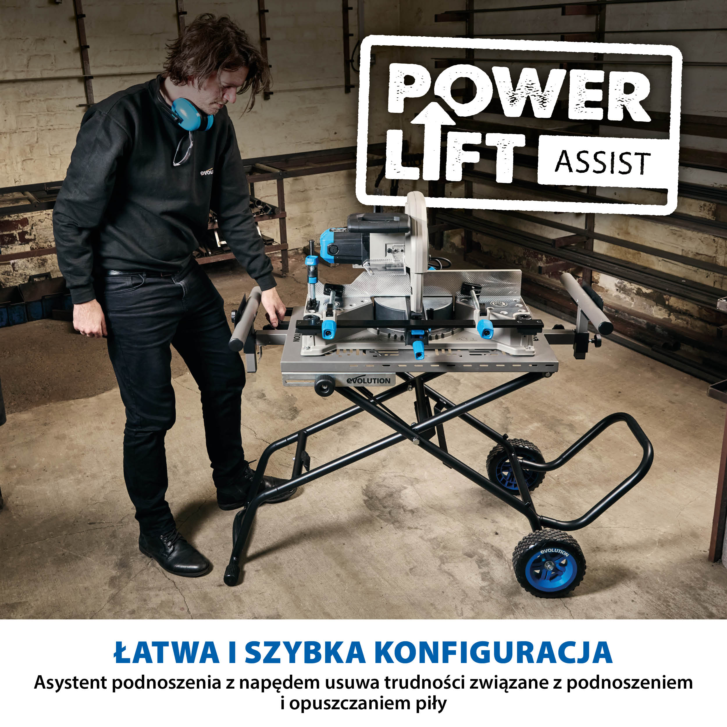 Stojak na kolkach Evolution S355MCS z systemem Powerlift Assist do pil ukosowych