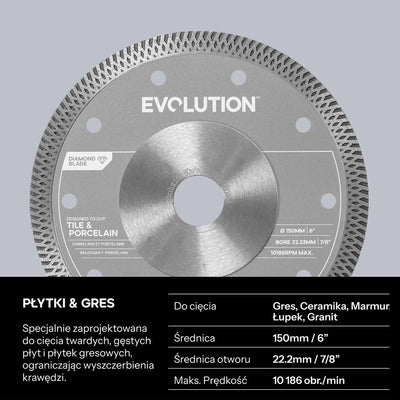 Tarcza diamentowa 150 mm do gresu porcelanowego i płytek, otwór mocujący 22,2 mm