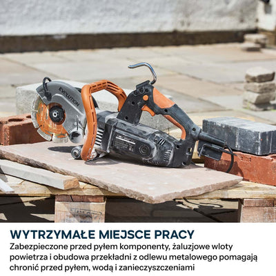 Kompaktowa przecinarka do betonu Evolution R150DCT-PRO, 150 mm, z systemem ograniczania prafului wodą, tarczą diamentową Endurance i głębokością cięcia 53 mm