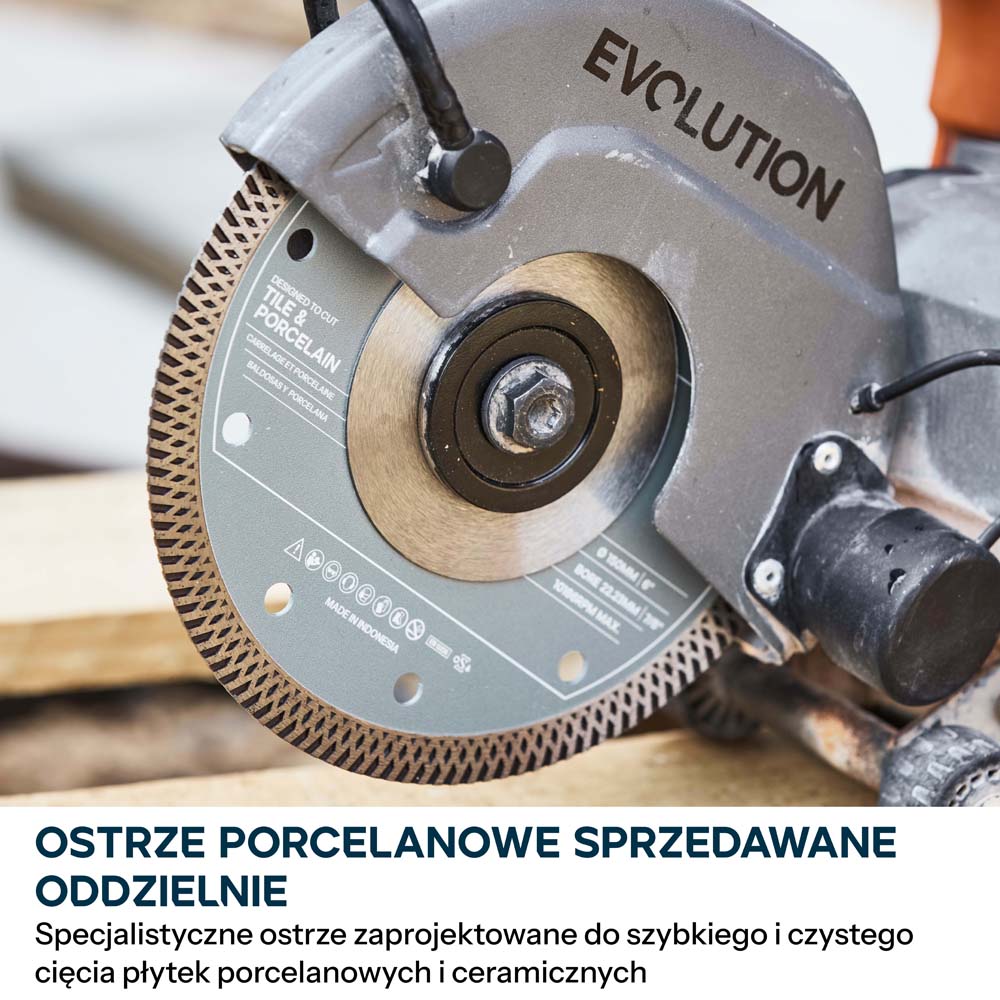 Kompaktowa przecinarka do betonu Evolution R150DCT-PRO, 150 mm, z systemem ograniczania prafului wodą, tarczą diamentową Endurance i głębokością cięcia 53 mm