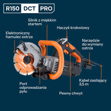 Kompaktowa przecinarka do betonu Evolution R150DCT-PRO, 150 mm, z systemem ograniczania prafului wodą, tarczą diamentową Endurance i głębokością cięcia 53 mm