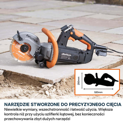 Kompaktowa przecinarka do betonu Evolution R150DCT-PRO, 150 mm, z systemem ograniczania prafului wodą, tarczą diamentową Endurance i głębokością cięcia 53 mm