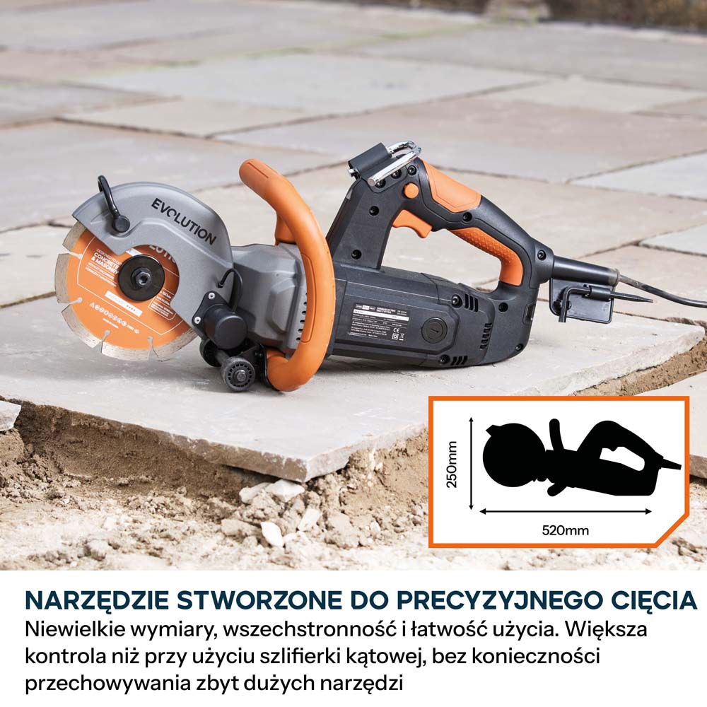 Kompaktowa przecinarka do betonu Evolution R150DCT-PRO, 150 mm, z systemem ograniczania prafului wodą, tarczą diamentową Endurance i głębokością cięcia 53 mm