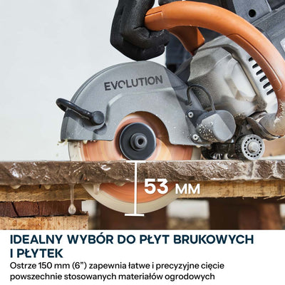 Kompaktowa przecinarka do betonu Evolution R150DCT-PRO, 150 mm, z systemem ograniczania prafului wodą, tarczą diamentową Endurance i głębokością cięcia 53 mm