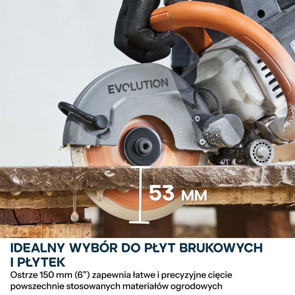 Kompaktowa przecinarka do betonu Evolution R150DCT-PRO, 150 mm, z systemem ograniczania prafului wodą, tarczą diamentową Endurance i głębokością cięcia 53 mm