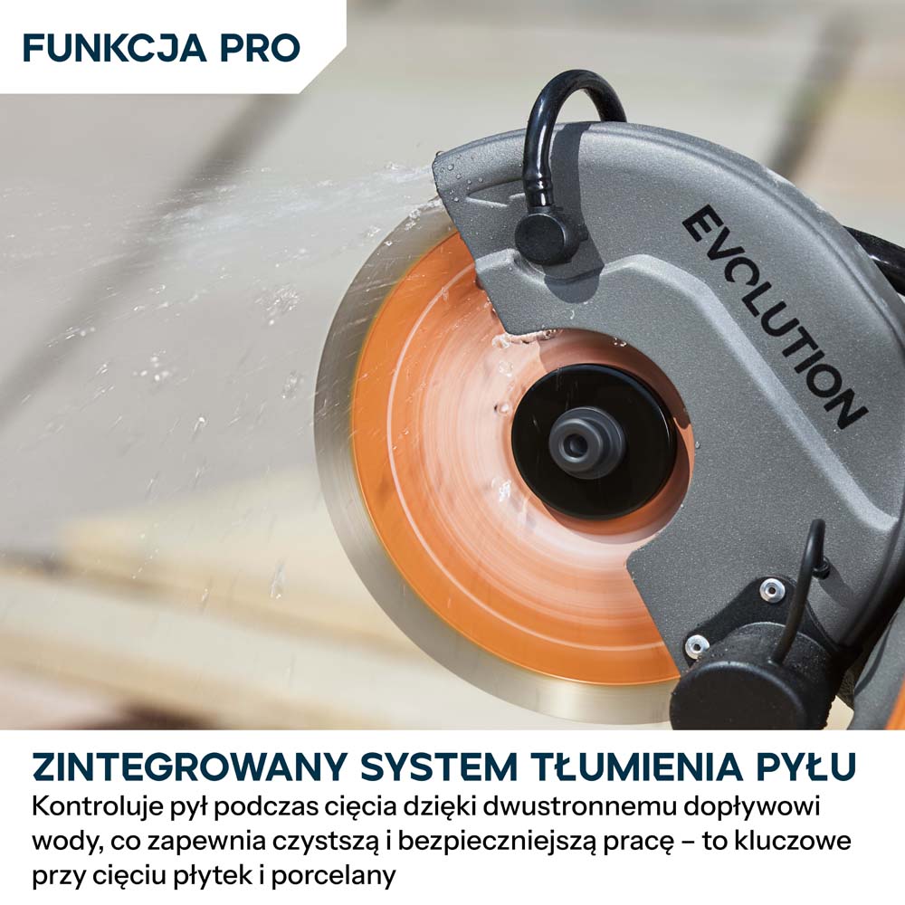 Kompaktowa przecinarka do betonu Evolution R150DCT-PRO, 150 mm, z systemem ograniczania prafului wodą, tarczą diamentową Endurance i głębokością cięcia 53 mm