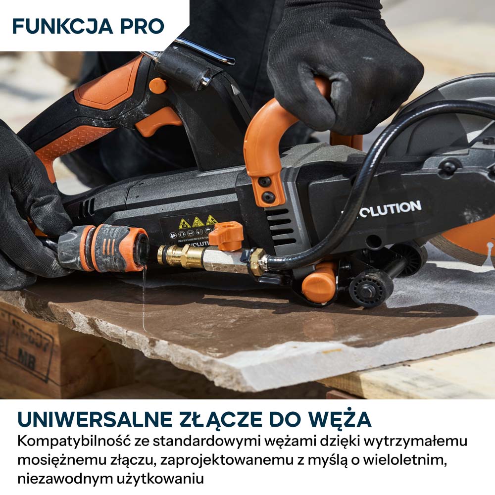 Kompaktowa przecinarka do betonu Evolution R150DCT-PRO, 150 mm, z systemem ograniczania prafului wodą, tarczą diamentową Endurance i głębokością cięcia 53 mm