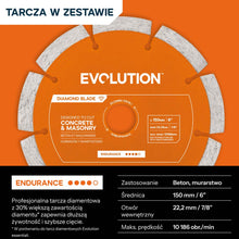 Kompaktowa przecinarka do betonu Evolution R150DCT-PRO, 150 mm, z systemem ograniczania prafului wodą, tarczą diamentową Endurance i głębokością cięcia 53 mm