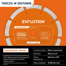 Kompaktowa przecinarka do betonu Evolution R150DCT, 150 mm, z tarczą diamentową Endurance i głębokością cięcia 53 mm