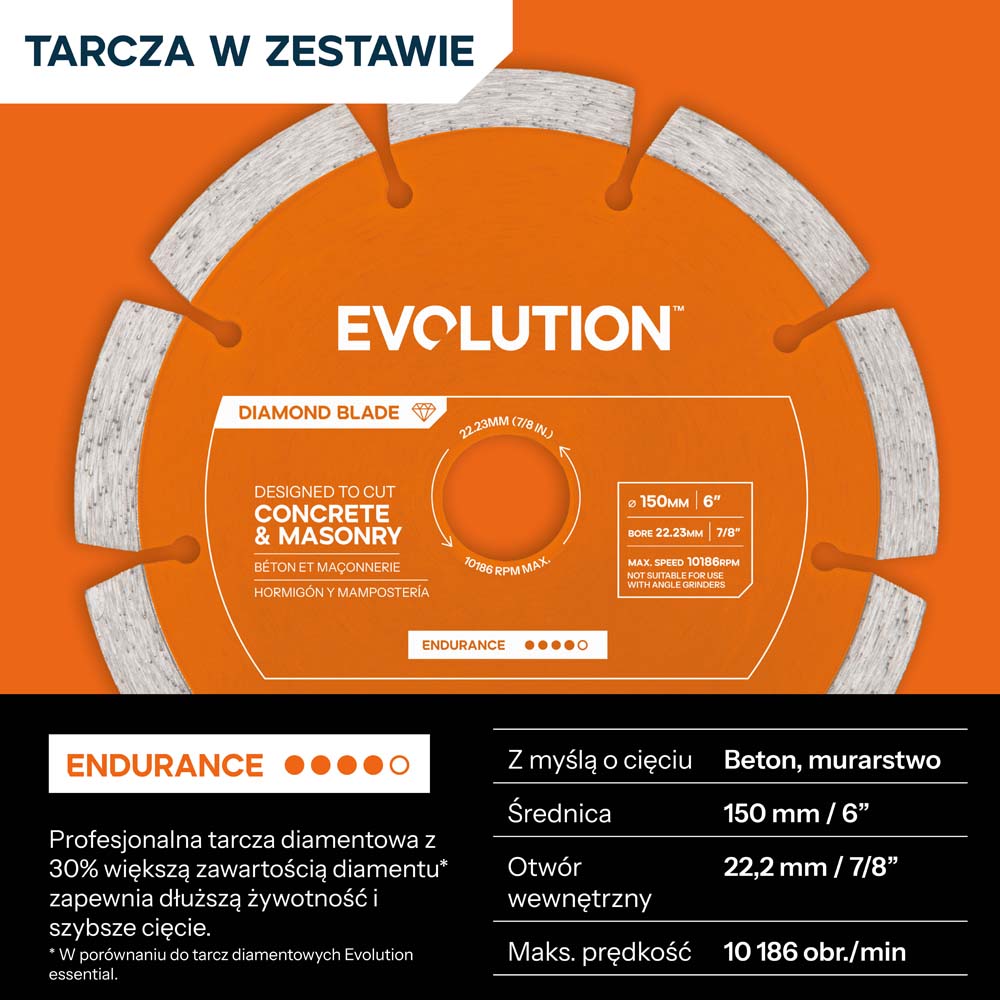 Kompaktowa przecinarka do betonu Evolution R150DCT, 150 mm, z tarczą diamentową Endurance i głębokością cięcia 53 mm