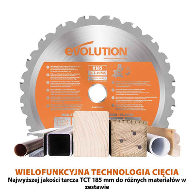 Piła ukośnica Evolution R185SMS+ 185 mm z wielomateriałową tarczą TCT + stojak