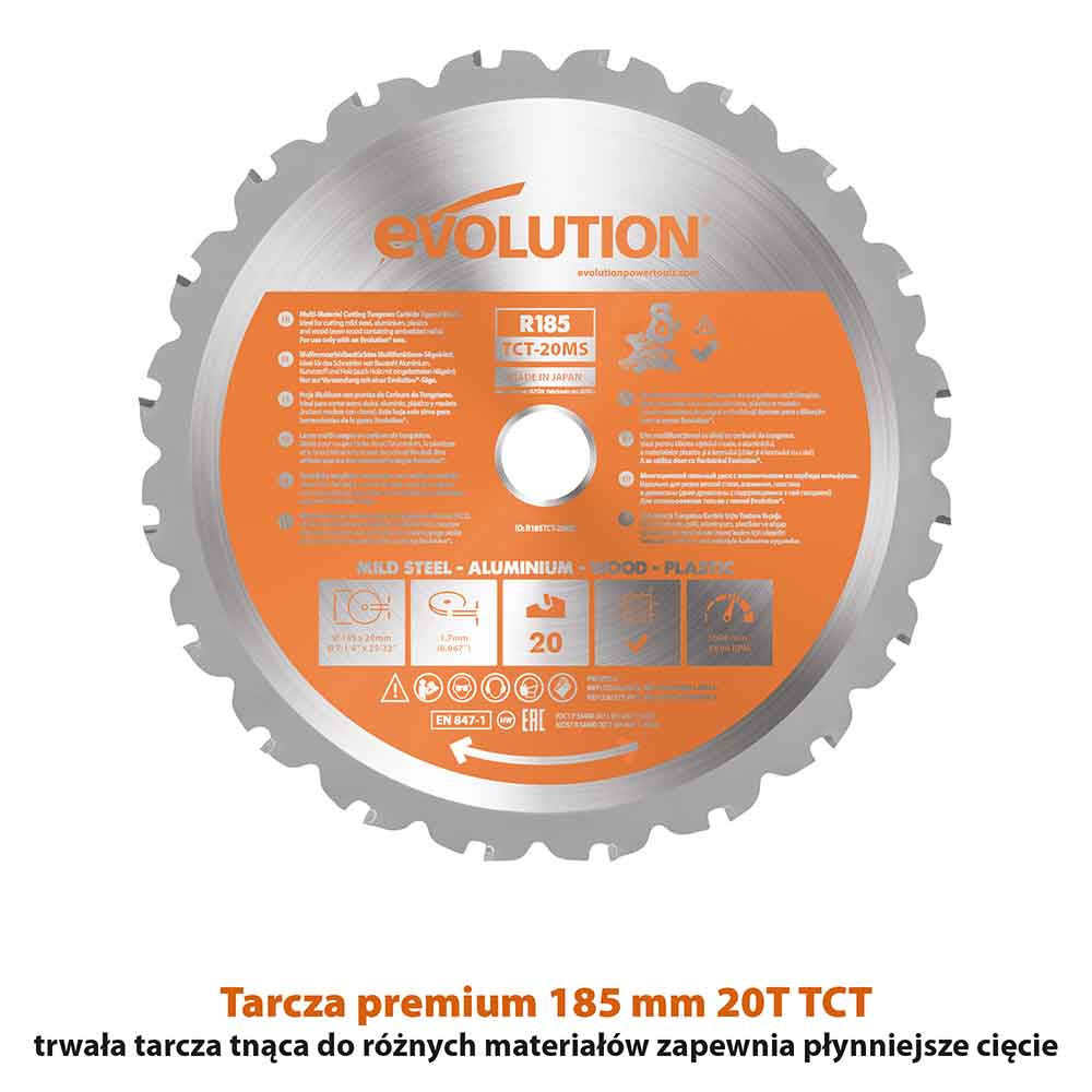 Piła ukośnica Evolution R185SMS+ 185 mm z wielomateriałową tarczą TCT + stojak