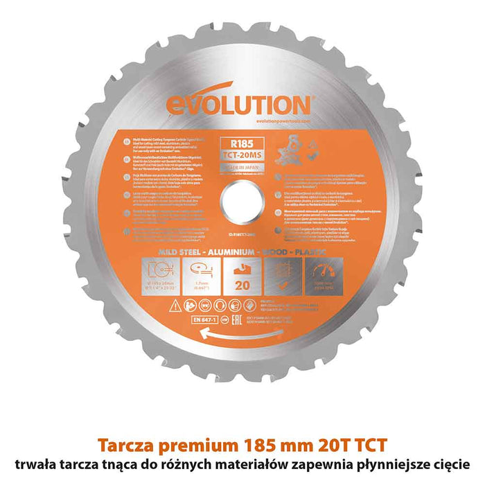 Ukośnica przesuwna Evolution R185SMS+ 185 mm z ostrzem TCT do cięcia różnych materiałów TCT