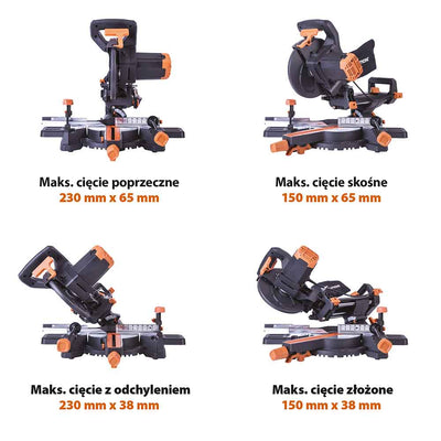 Piła ukośnica Evolution R210SMS+ 210 mm z wielomateriałową tarczą TCT + stojak