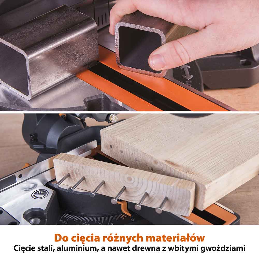 Piła ukośnica Evolution R210SMS+ 210 mm z wielomateriałową tarczą TCT + stojak