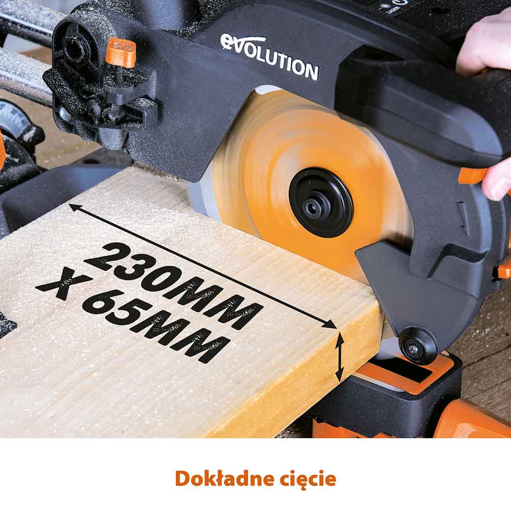 Piła ukośnica Evolution R210SMS+ 210 mm z wielomateriałową tarczą TCT + stojak
