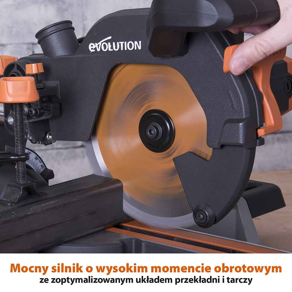 Piła ukośnica Evolution R210SMS+ 210 mm z wielomateriałową tarczą TCT + stojak