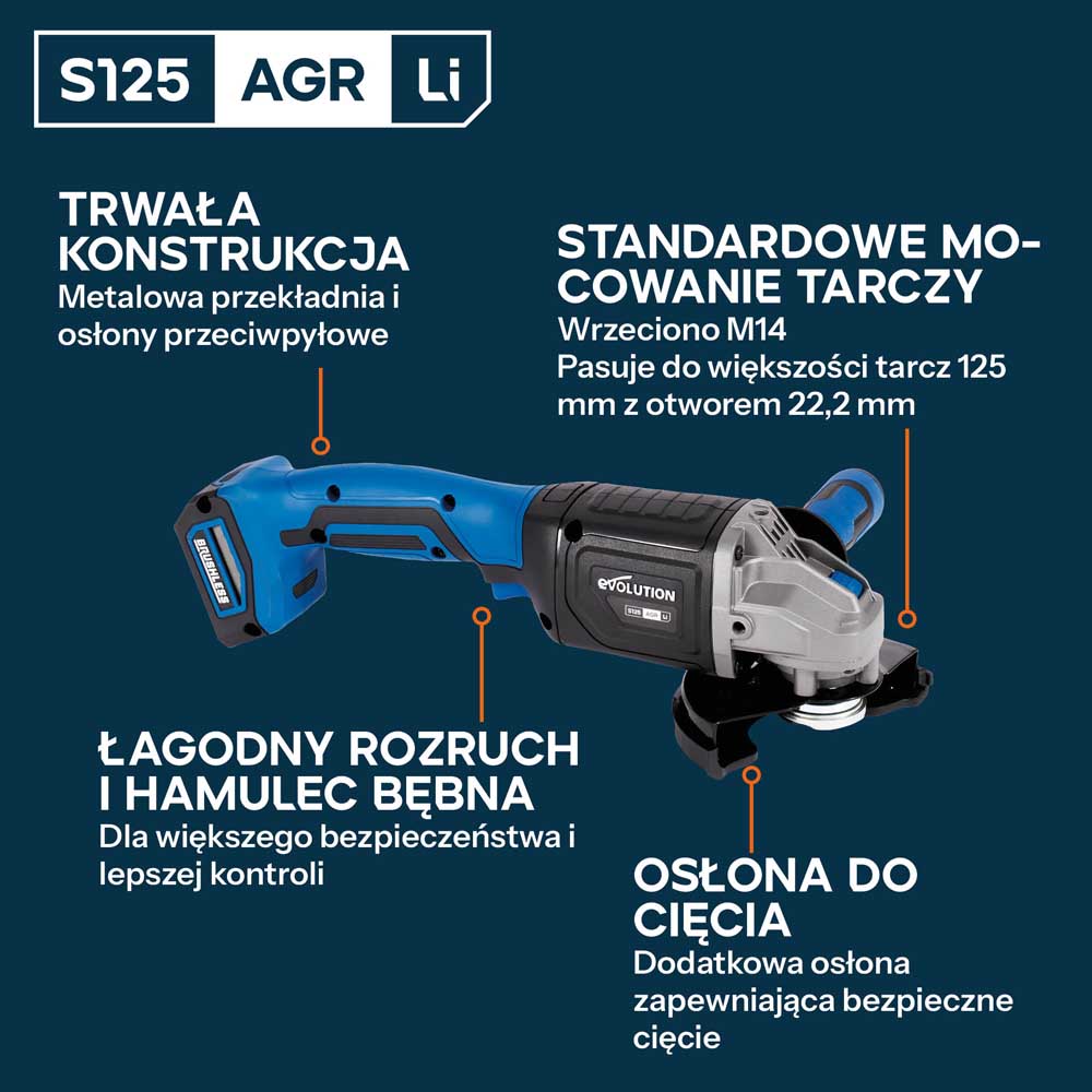 Evolution S125AGR-Li Szlifierka kątowa akumulatorowa 125 mm (5