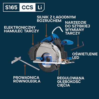 Evolution S165CCS-Li Akumulatorowa pilarka tarczowa do cięcia metalu 165 mm z tarczą Thin Kerf, Głębokość cięcia 58 mm