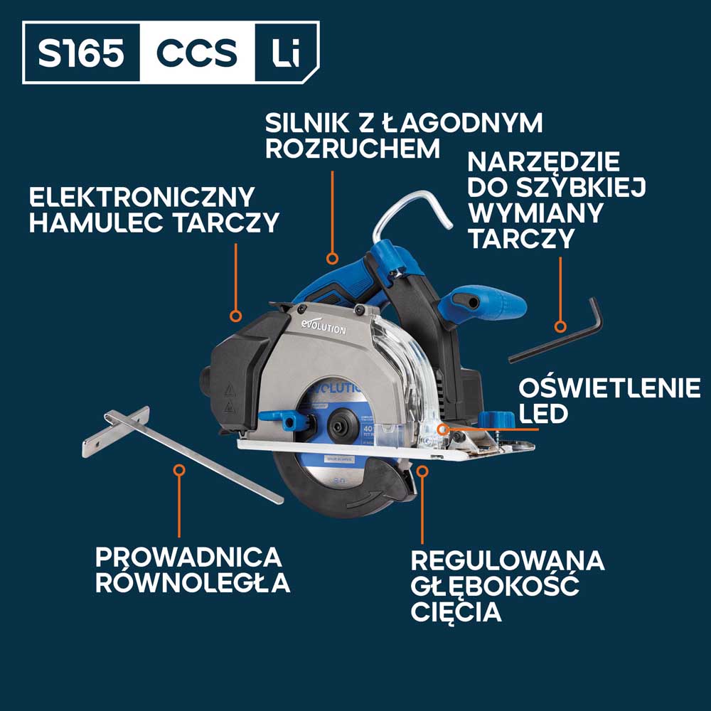 Evolution S165CCS-Li Akumulatorowa pilarka tarczowa do cięcia metalu 165 mm z tarczą Thin Kerf, Głębokość cięcia 58 mm