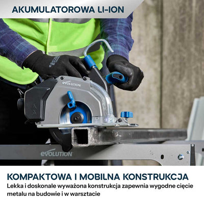 Evolution S165CCS-Li Akumulatorowa pilarka tarczowa do cięcia metalu 165 mm z tarczą Thin Kerf, Głębokość cięcia 58 mm