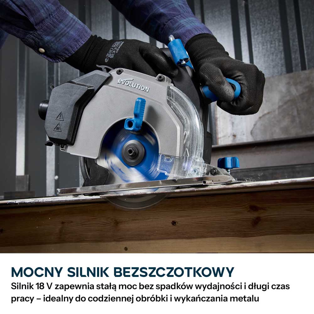 Evolution S165CCS-Li Akumulatorowa pilarka tarczowa do cięcia metalu 165 mm z tarczą Thin Kerf, Głębokość cięcia 58 mm