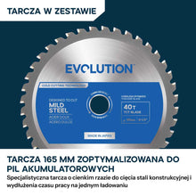 Evolution S165CCS-Li Akumulatorowa pilarka tarczowa do cięcia metalu 165 mm z tarczą Thin Kerf, Głębokość cięcia 58 mm