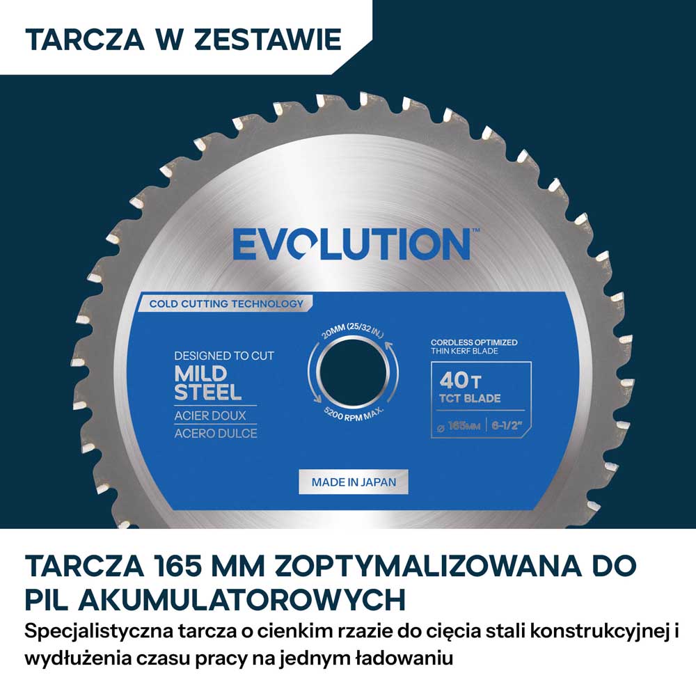 Evolution S165CCS-Li Akumulatorowa pilarka tarczowa do cięcia metalu 165 mm z tarczą Thin Kerf, Głębokość cięcia 58 mm