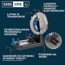 Evolution S355CPS-Li Akumulatorowa przecinarka do metalu 355 mm z bezszczotkowym silnikiem 36V i tarczą EvoMax