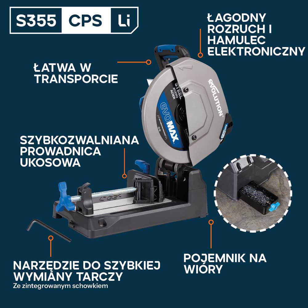 Evolution S355CPS-Li Akumulatorowa przecinarka do metalu 355 mm z bezszczotkowym silnikiem 36V i tarczą EvoMax