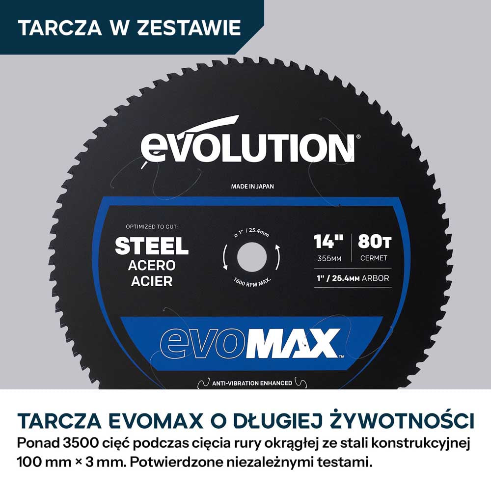 Evolution S355CPS-Li Akumulatorowa przecinarka do metalu 355 mm z bezszczotkowym silnikiem 36V i tarczą EvoMax