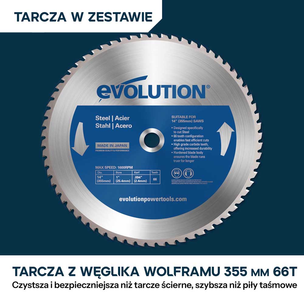Przecinarka do metalu Evolution S355CPSL 355 mm z tarczą TCT do stali miękkiej