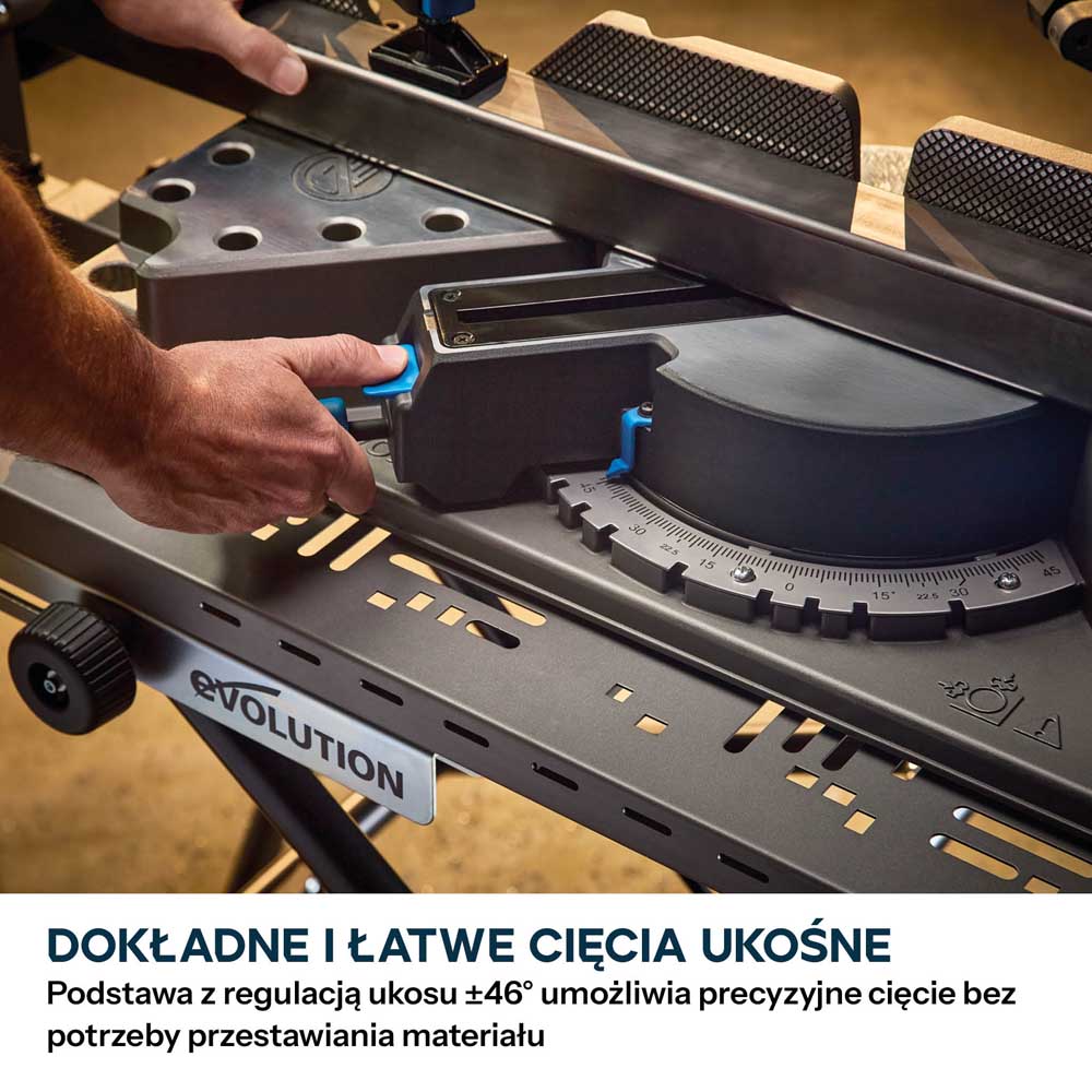 Przecinarka ukosowa do metalu Evolution S355MCS-G2 z tarczą EVOMAX Cermet Long-Life 80T 355 mm, inteligentną technologią silnika oraz prowadnicą Shadowline