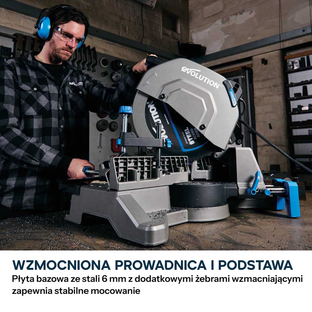 Przecinarka ukosowa do metalu Evolution S355MCS-G2 z tarczą EVOMAX Cermet Long-Life 80T 355 mm, inteligentną technologią silnika oraz prowadnicą Shadowline
