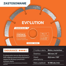 Tarcza diamentowa Evolution Endurance 150 mm do kompaktowej przecinarki do betonu, otwór mocujący 22,2 mm
