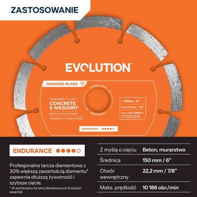 Tarcza diamentowa Evolution Endurance 150 mm do kompaktowej przecinarki do betonu, otwór mocujący 22,2 mm