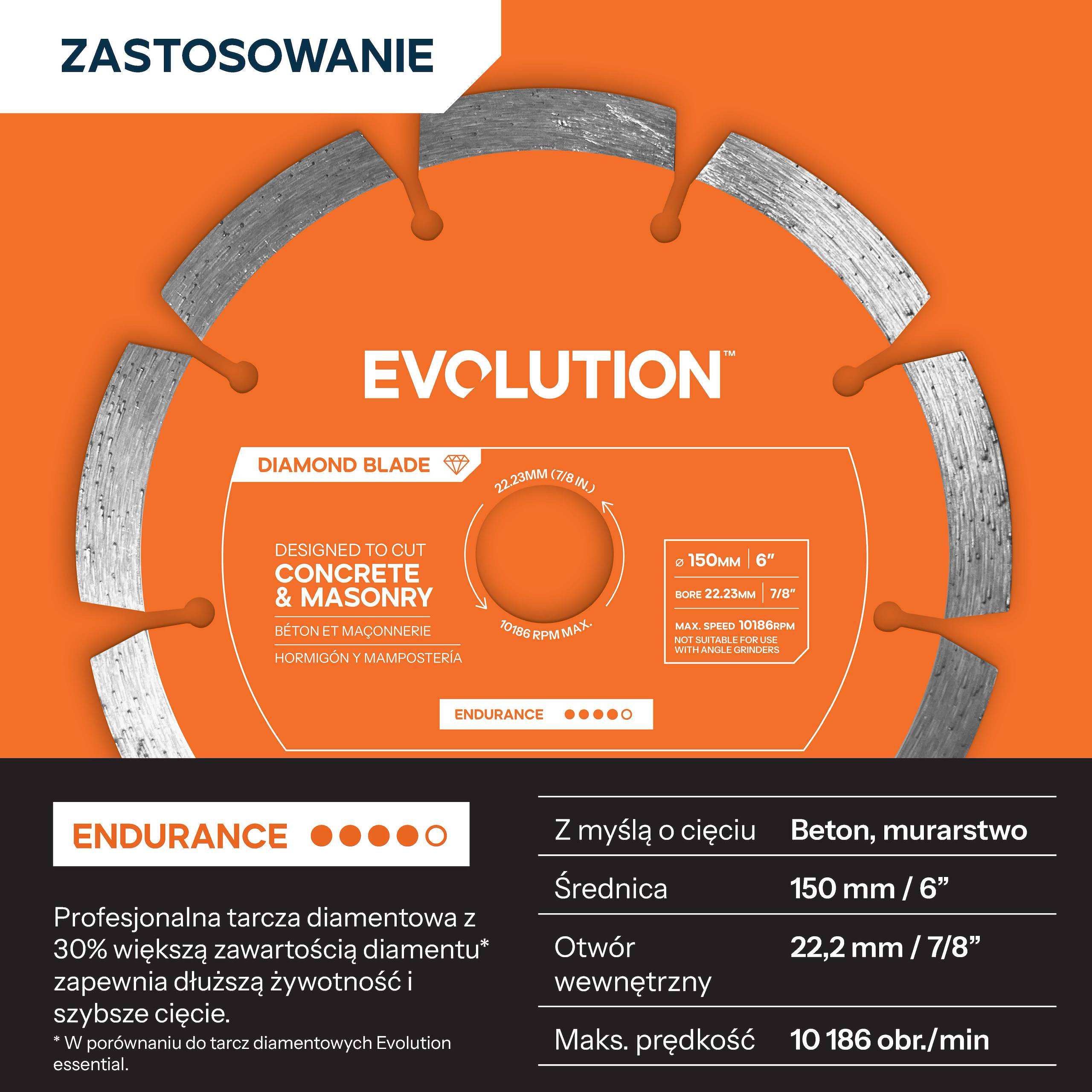 Tarcza diamentowa Evolution Endurance 150 mm do kompaktowej przecinarki do betonu, otwór mocujący 22,2 mm